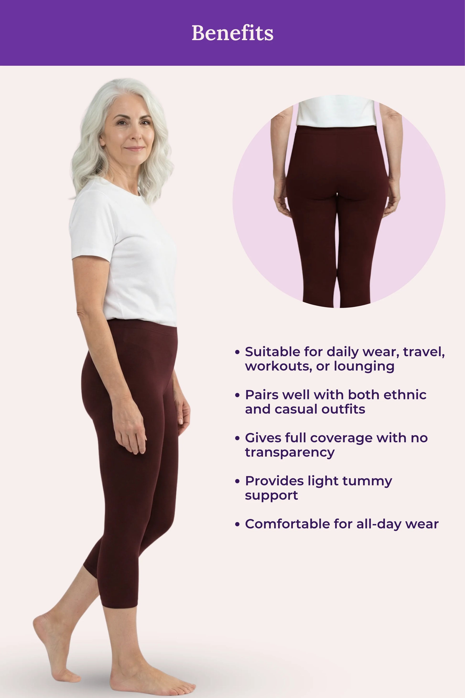 A women's leggings showing a woman in side profile wearing dark brown leggings, with a circular inset of the back view of the same leggings. The graphic includes a purple header reading 'Benefits' and a list of product features on a pale pink background.