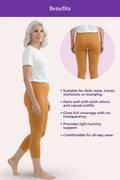 Benefits showing a woman modeling mustard yellow leggings, with a circular inset of the back view of the leggings and text listing product benefits on a pale pink background with a purple header.