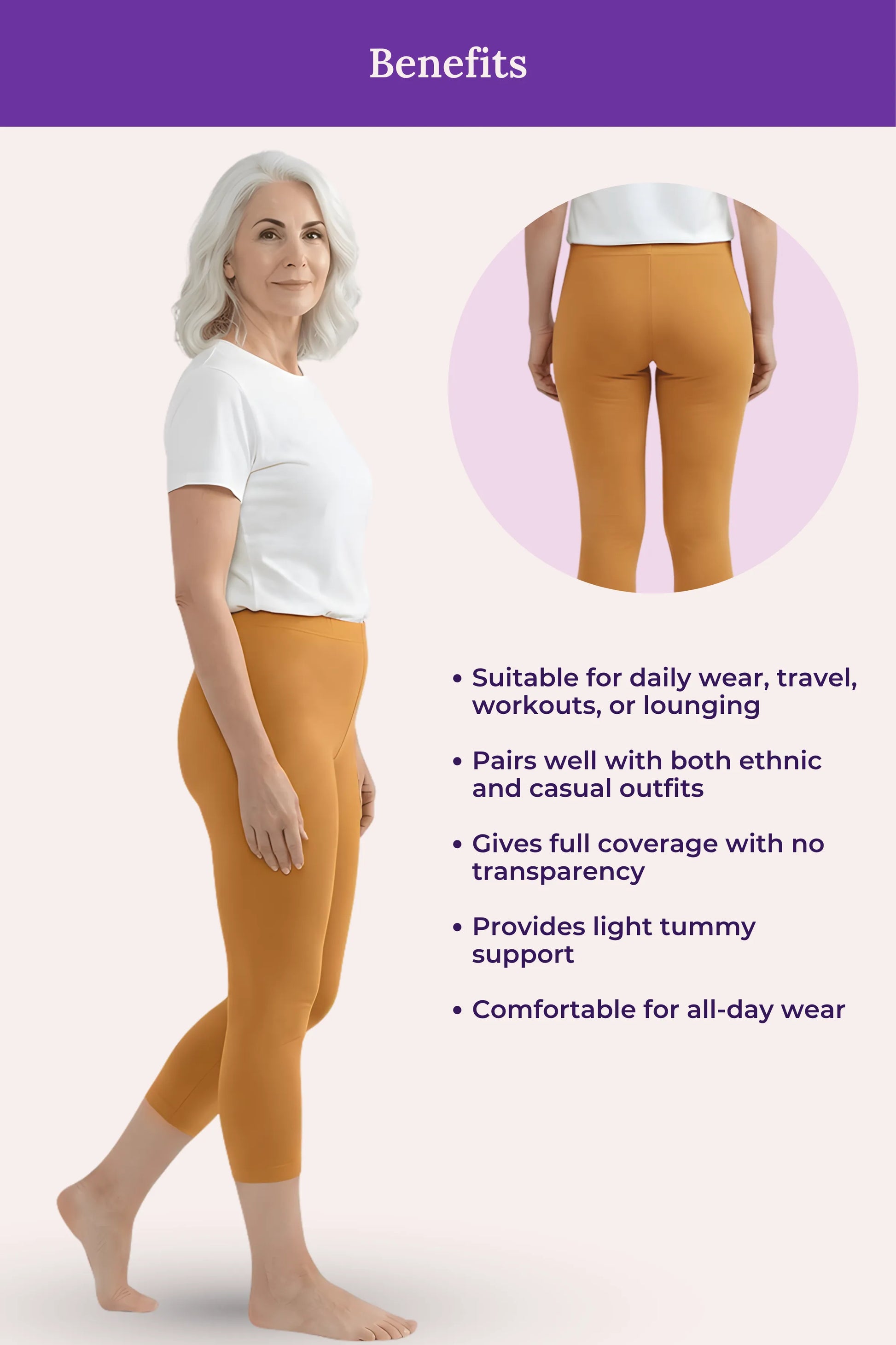 Benefits showing a woman modeling mustard yellow leggings, with a circular inset of the back view of the leggings and text listing product benefits on a pale pink background with a purple header.