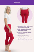 A dark pink capri leggings featuring a woman modeling the product from the side and a back view inset, with text listing benefits such as suitability for daily wear, travel, workouts, and lounging.