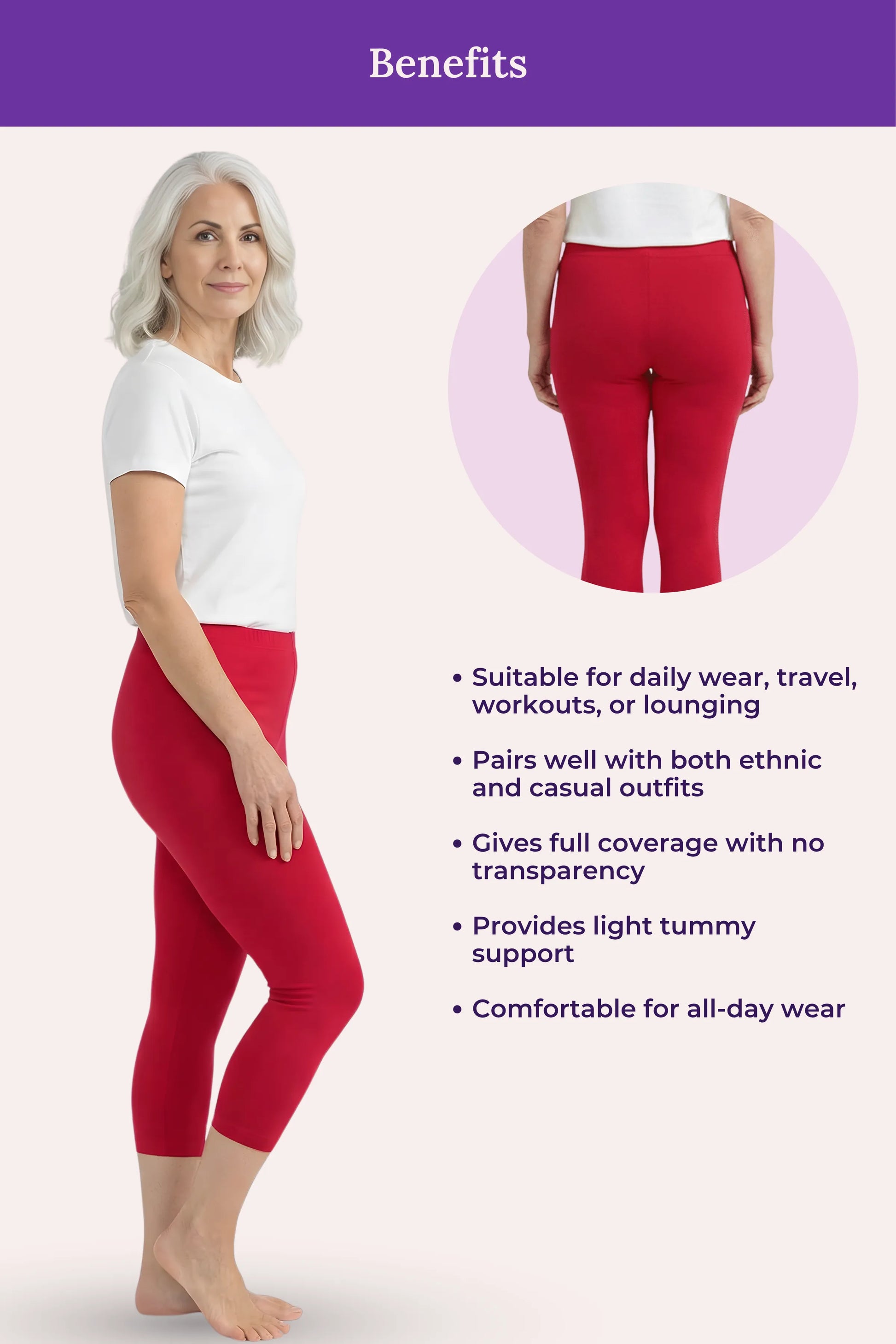 A dark pink capri leggings featuring a woman modeling the product from the side and a back view inset, with text listing benefits such as suitability for daily wear, travel, workouts, and lounging.
