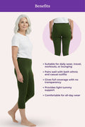 A green cropped leggings featuring a woman modeling the pants, a circular inset showing the back view, and a list of benefits on a light pink background with a purple header.