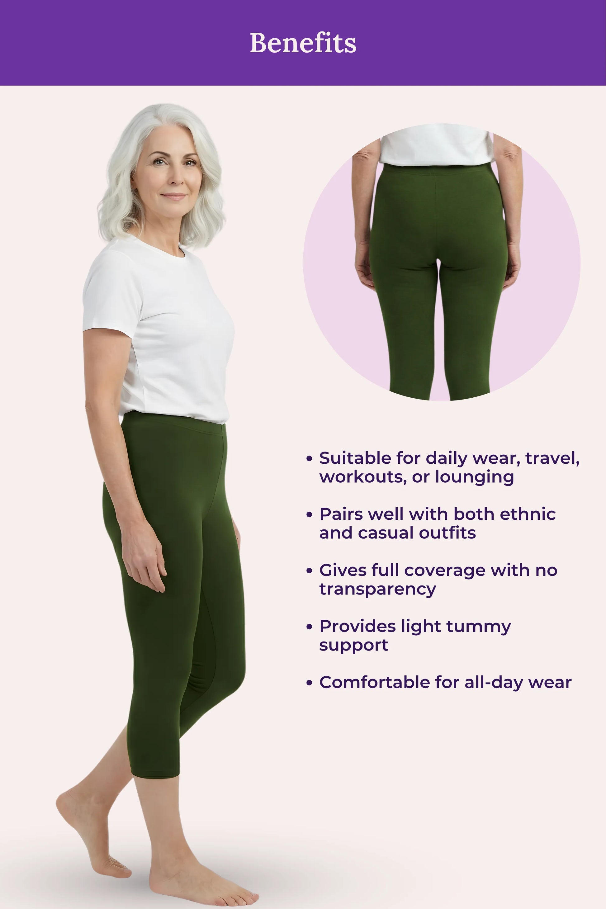 A green cropped leggings featuring a woman modeling the pants, a circular inset showing the back view, and a list of benefits on a light pink background with a purple header.