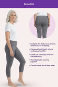 A gray cropped leggings featuring a woman in side and back views, with text listing benefits such as suitability for daily wear, travel, workouts, or lounging, and compatibility with ethnic and casual outfits.