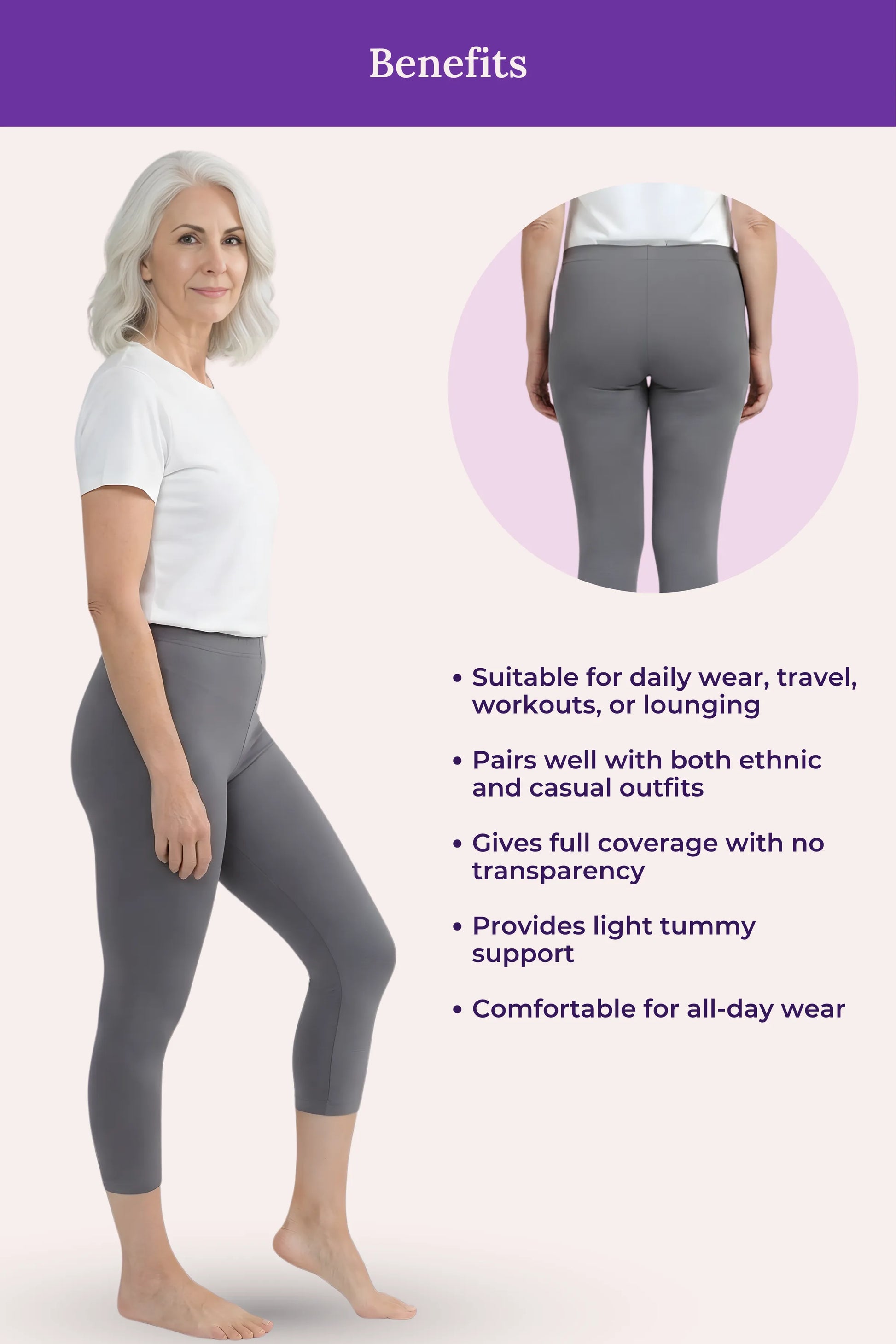 A gray cropped leggings featuring a woman in side and back views, with text listing benefits such as suitability for daily wear, travel, workouts, or lounging, and compatibility with ethnic and casual outfits.