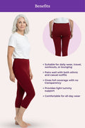 A capri leggings featuring a woman modeling the product from the side, a circular inset showing the back view, and text listing benefits such as suitability for daily wear, travel, workouts, or lounging.