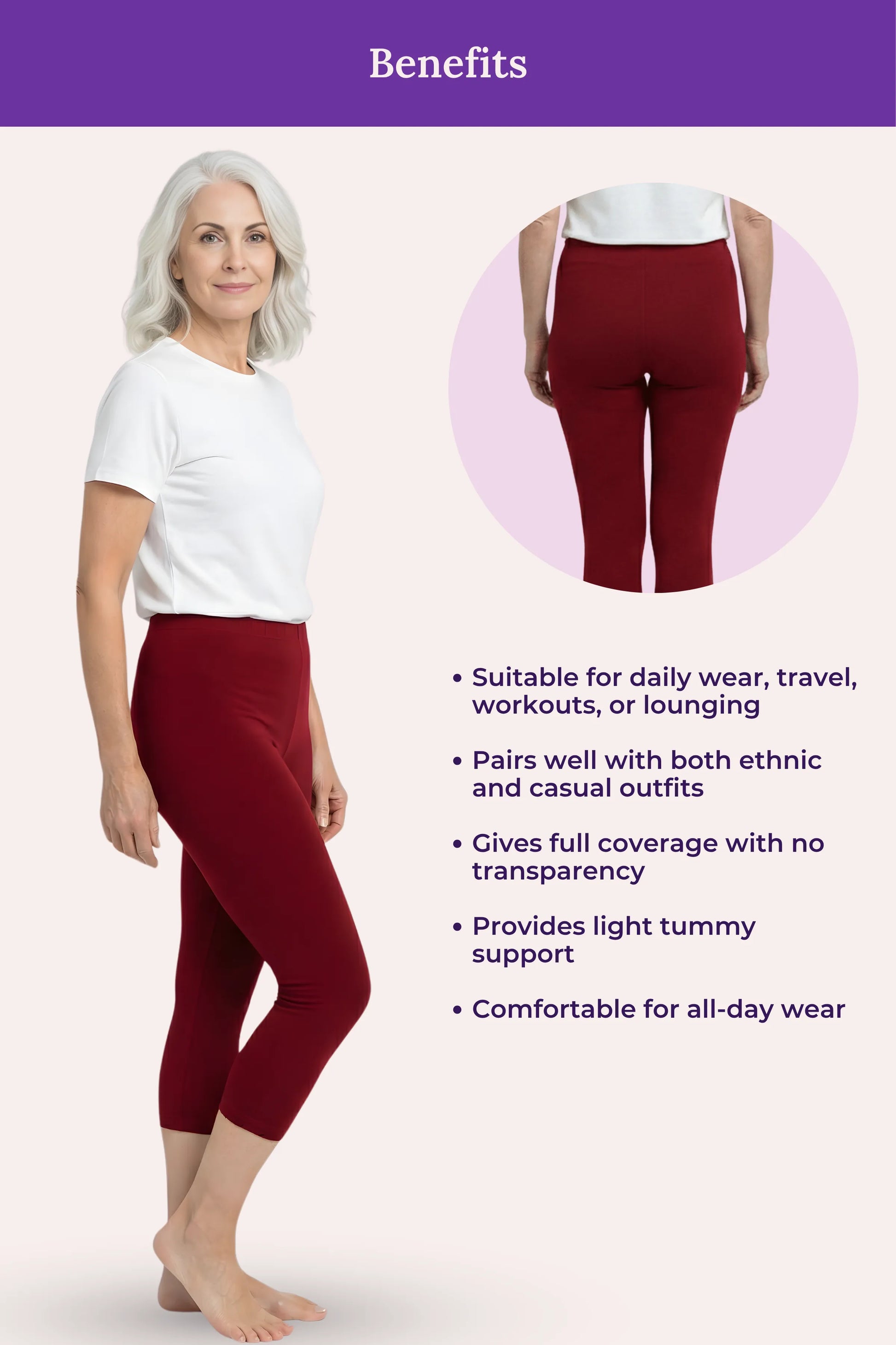 A capri leggings featuring a woman modeling the product from the side, a circular inset showing the back view, and text listing benefits such as suitability for daily wear, travel, workouts, or lounging.