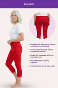 A red cropped leggings featuring a woman modeling the leggings from the side and back, with text listing benefits such as suitability for daily wear, travel, workouts, or lounging, and compatibility with ethnic and casual outfits.