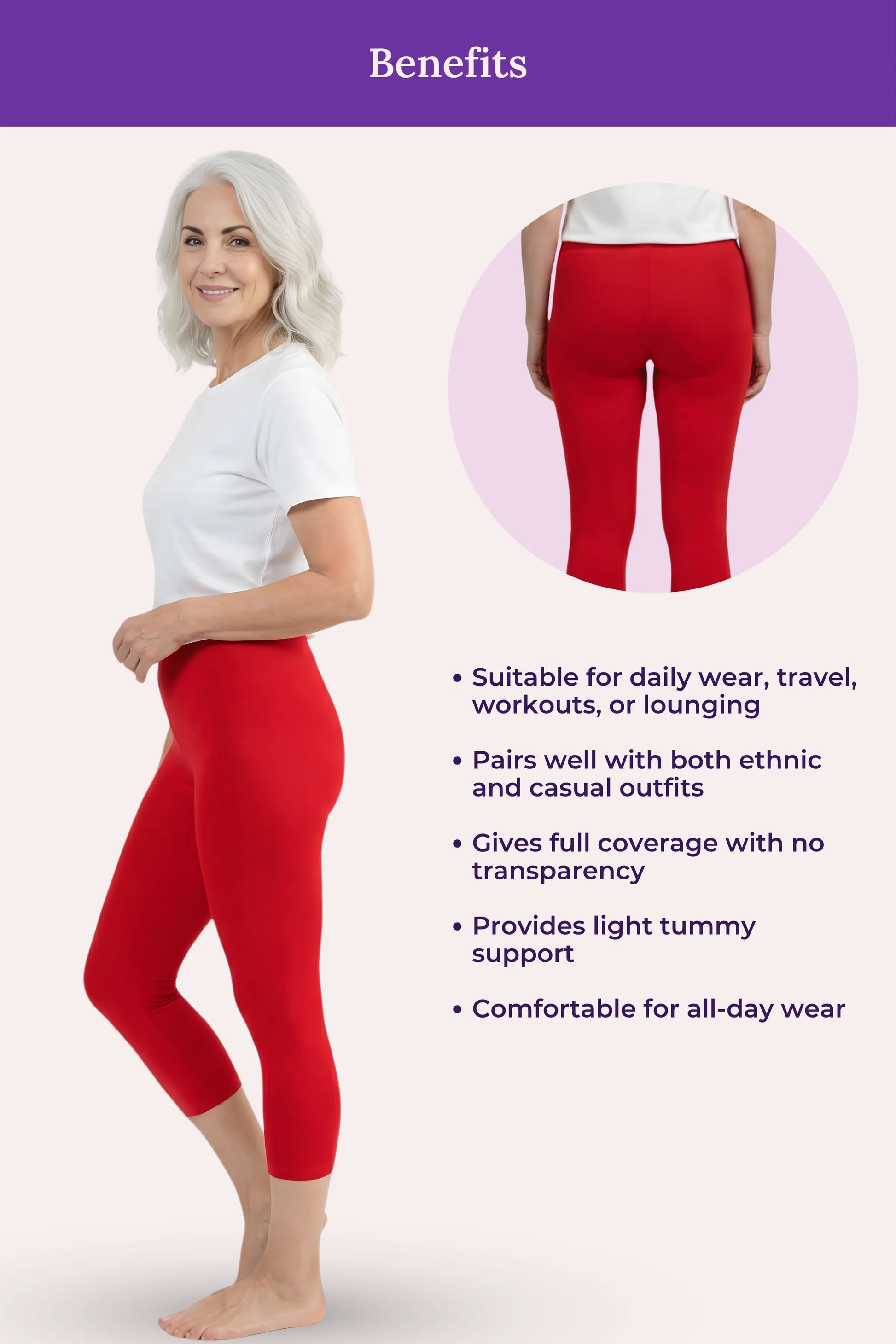 A red cropped leggings featuring a woman modeling the leggings from the side and back, with text listing benefits such as suitability for daily wear, travel, workouts, or lounging, and compatibility with ethnic and casual outfits.