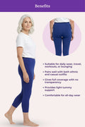Benefits showing a woman modeling royal blue leggings, with a circular inset of the back view and text listing features such as suitability for daily wear, travel, workouts, or lounging.