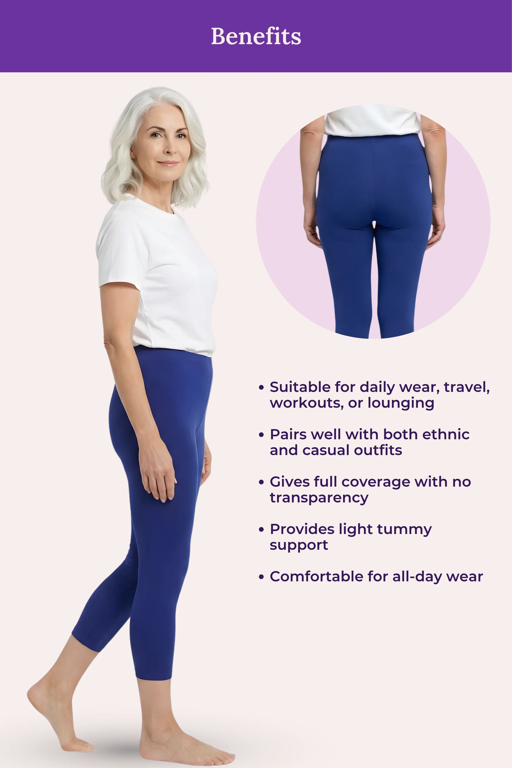 Benefits showing a woman modeling royal blue leggings, with a circular inset of the back view and text listing features such as suitability for daily wear, travel, workouts, or lounging.