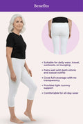 A white capri leggings featuring a woman modeling the product on the left, a circular inset showing the back view on the upper right, and a list of benefits on the right against a pale pink background.