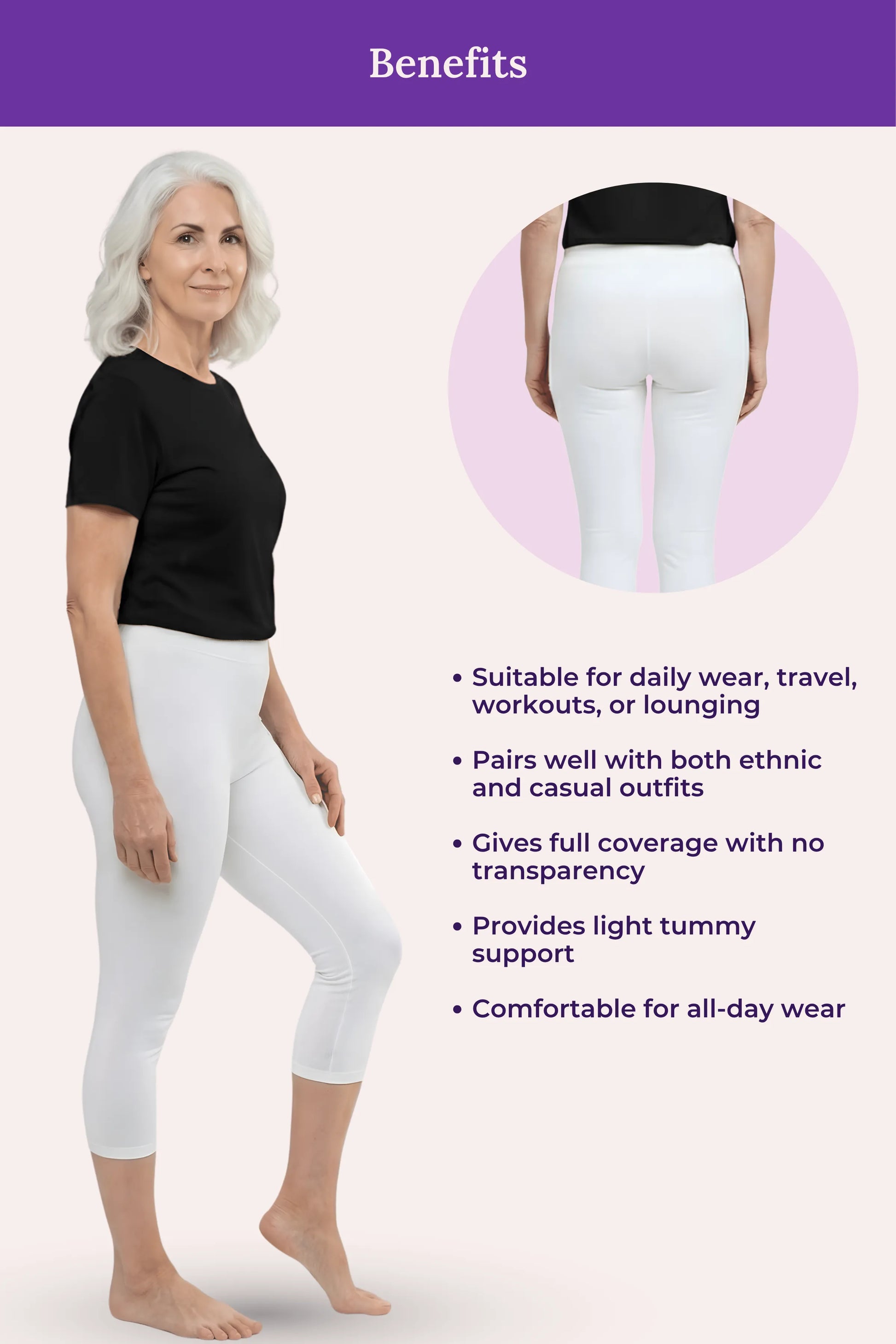 A white capri leggings featuring a woman modeling the product on the left, a circular inset showing the back view on the upper right, and a list of benefits on the right against a pale pink background.