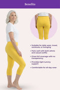 A yellow capri leggings, featuring a woman in side profile, a circular back-view inset, and a list of benefits on a pale pink background with a purple header.