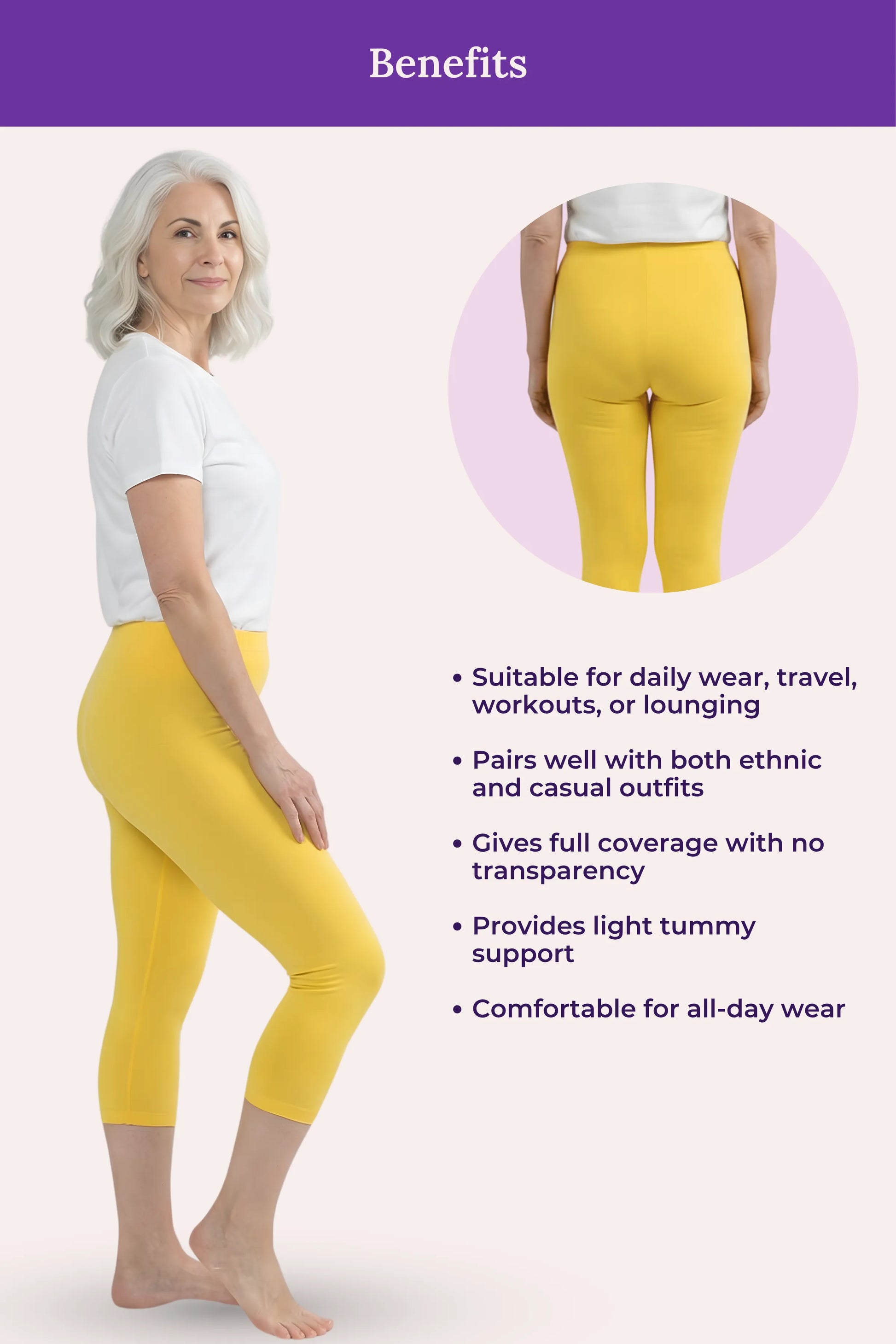 A yellow capri leggings, featuring a woman in side profile, a circular back-view inset, and a list of benefits on a pale pink background with a purple header.