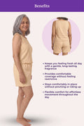 A woman modeling a sleeveless beige short dress or lounge set against a pale pink background, with a purple header reading Benefits and a circular inset showing the back view. Bullet points describe comfort, fragrance, and fit.
