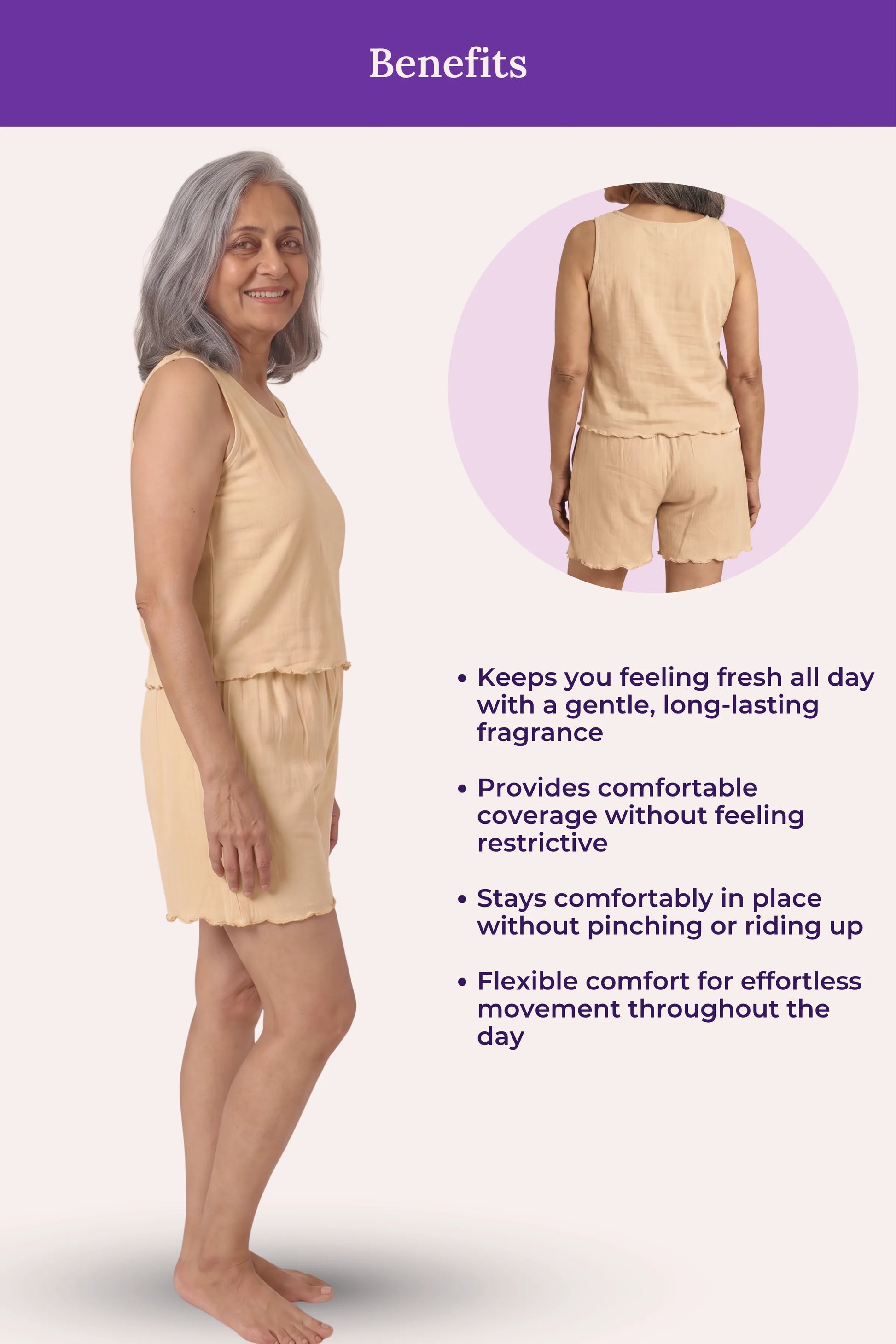 A woman modeling a sleeveless beige short dress or lounge set against a pale pink background, with a purple header reading Benefits and a circular inset showing the back view. Bullet points describe comfort, fragrance, and fit.