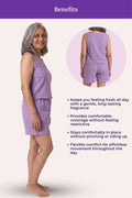 A lavender set featuring a woman modeling the sleeveless top and shorts on the left, a circular inset showing the back view on the right, and a list of benefits on a pale pink background with a purple header.