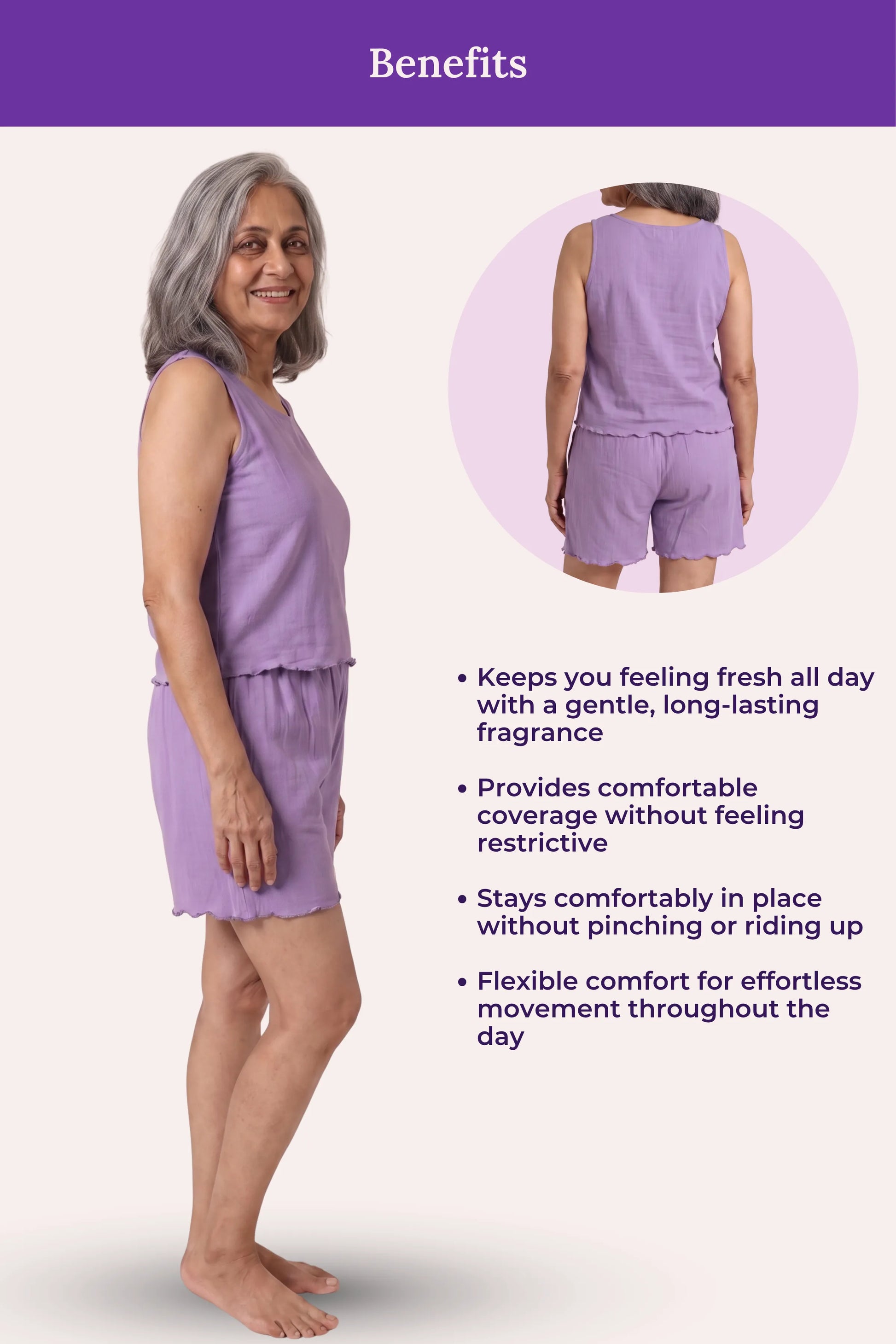 A lavender set featuring a woman modeling the sleeveless top and shorts on the left, a circular inset showing the back view on the right, and a list of benefits on a pale pink background with a purple header.