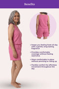 A lounge set, showing a woman in side and back views with text listing benefits such as fresh fragrance, comfortable coverage, and ease of movement. The top banner reads 'Benefits'.