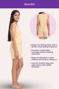 A girl's sleepwear set, featuring a girl modeling a beige sleeveless top and shorts on the left, a circular inset showing the back view of the set, and text listing benefits on a pale pink background with a purple header.