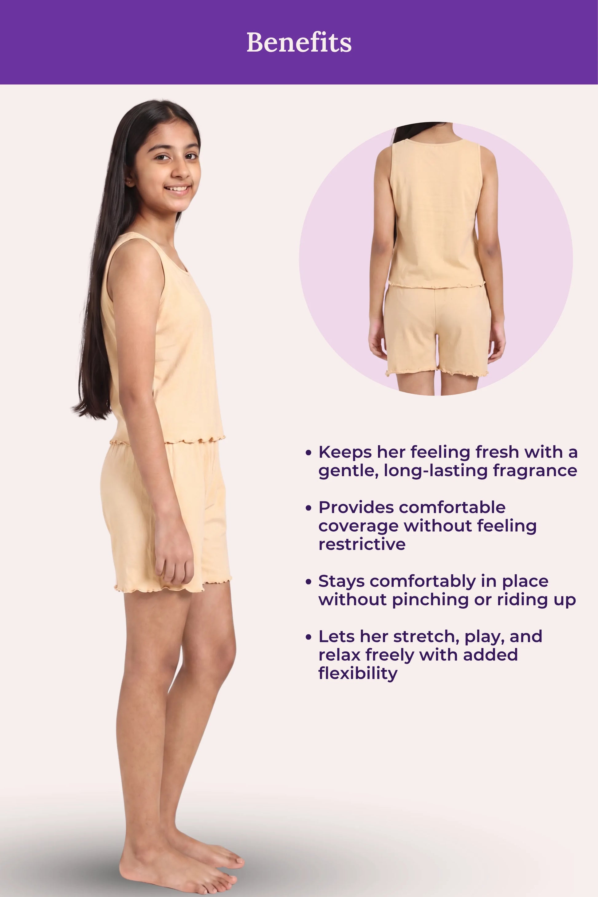 A girl's sleepwear set, featuring a girl modeling a beige sleeveless top and shorts on the left, a circular inset showing the back view of the set, and text listing benefits on a pale pink background with a purple header.
