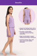 A lavender pajama set, featuring a young girl modeling the matching top and shorts on the left, with a circular inset showing the back view of the pajamas. The right side contains text detailing the benefits of the set, such as fresh long-lasting fragrance, comfortable coverage, and freedom to stretch and relax.