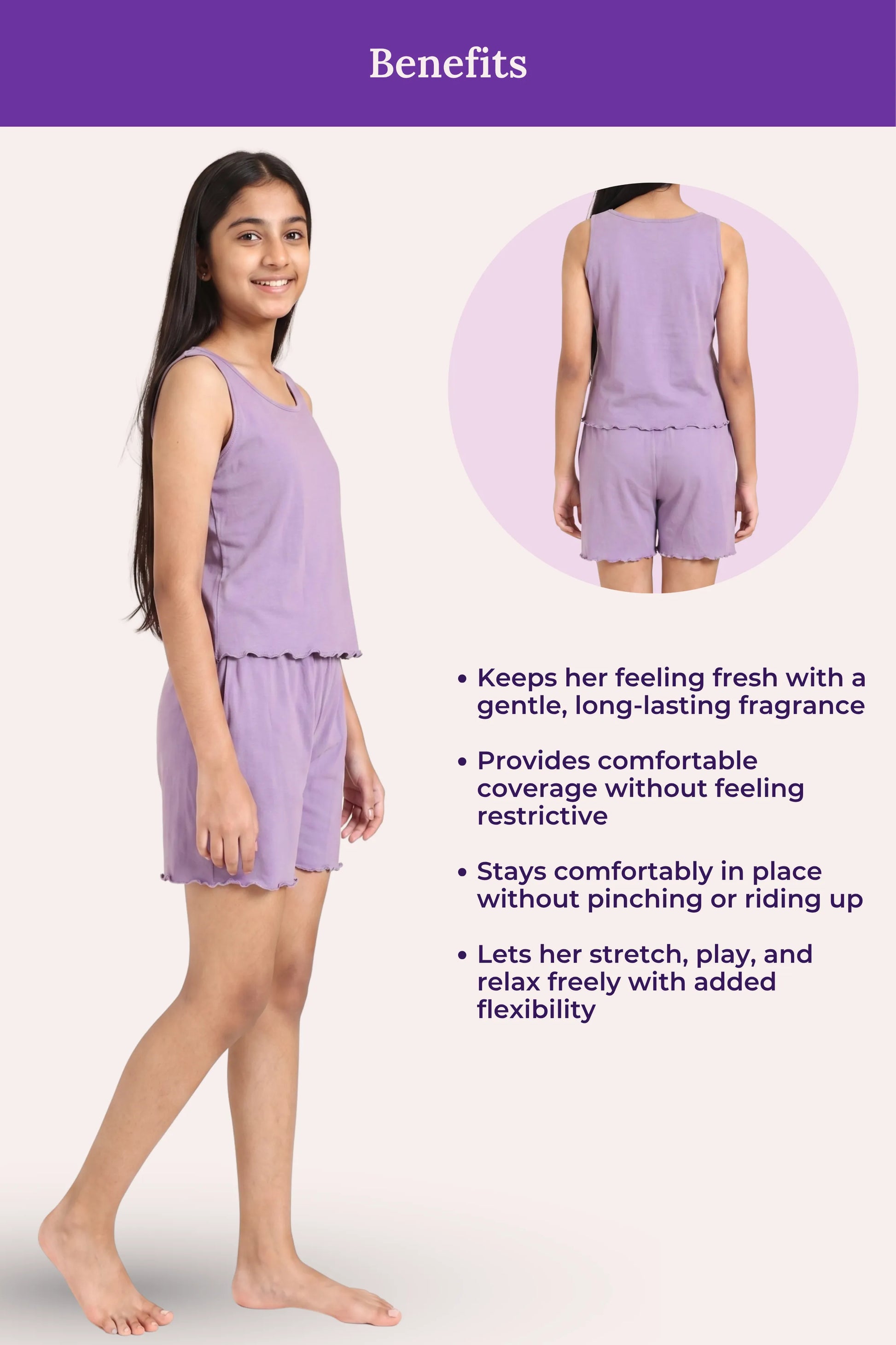 A lavender pajama set, featuring a young girl modeling the matching top and shorts on the left, with a circular inset showing the back view of the pajamas. The right side contains text detailing the benefits of the set, such as fresh long-lasting fragrance, comfortable coverage, and freedom to stretch and relax.
