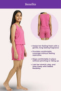 A pink set worn by a young girl, showing front and back views with text describing benefits such as fragrance, comfort, and flexibility. The image includes a purple header labeled 'Benefits' and a pale pink background.