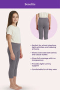 Teen wearing gray leggings with text listing benefits on a white background
