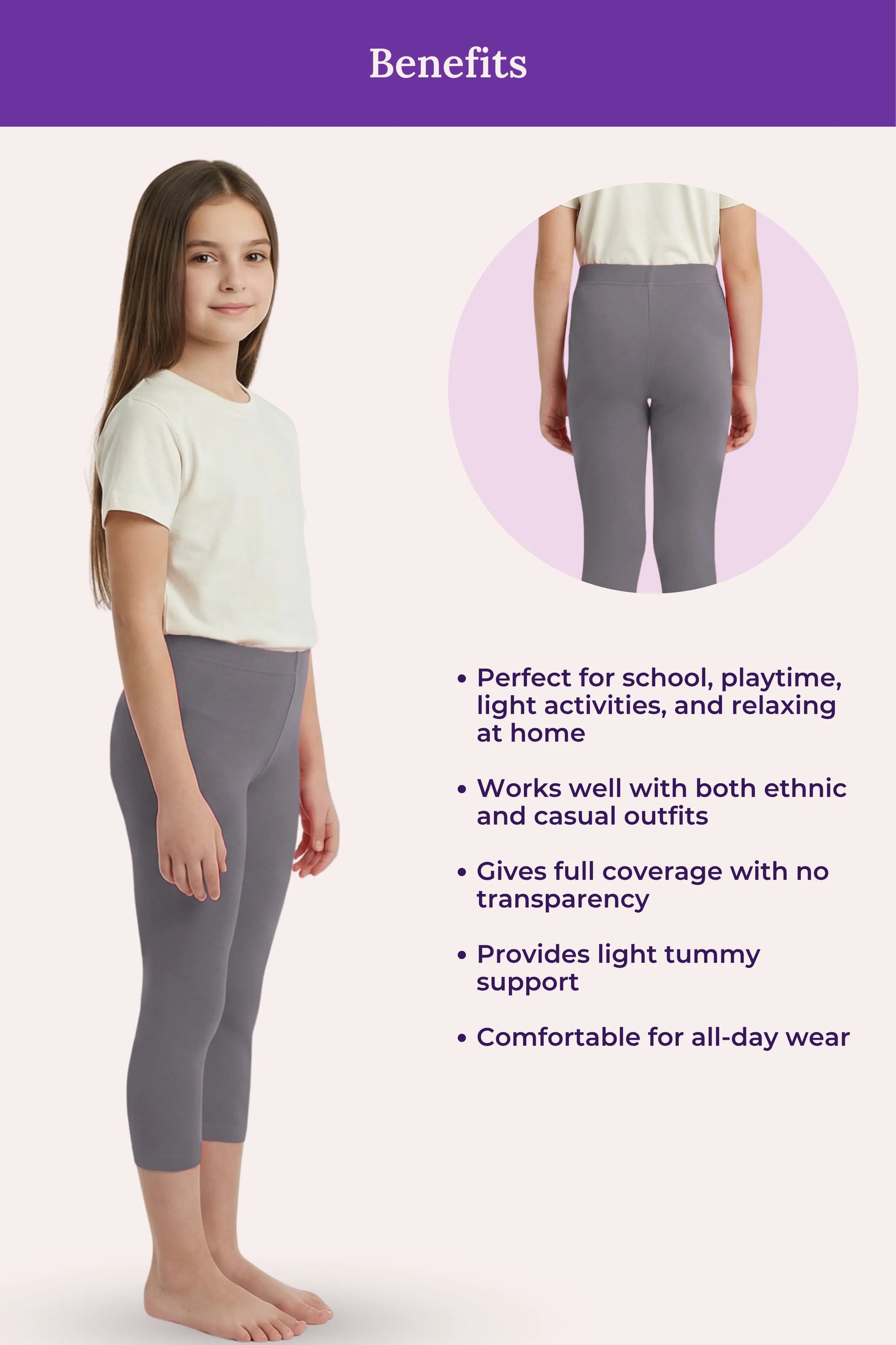 Teen wearing gray leggings with text listing benefits on a white background
