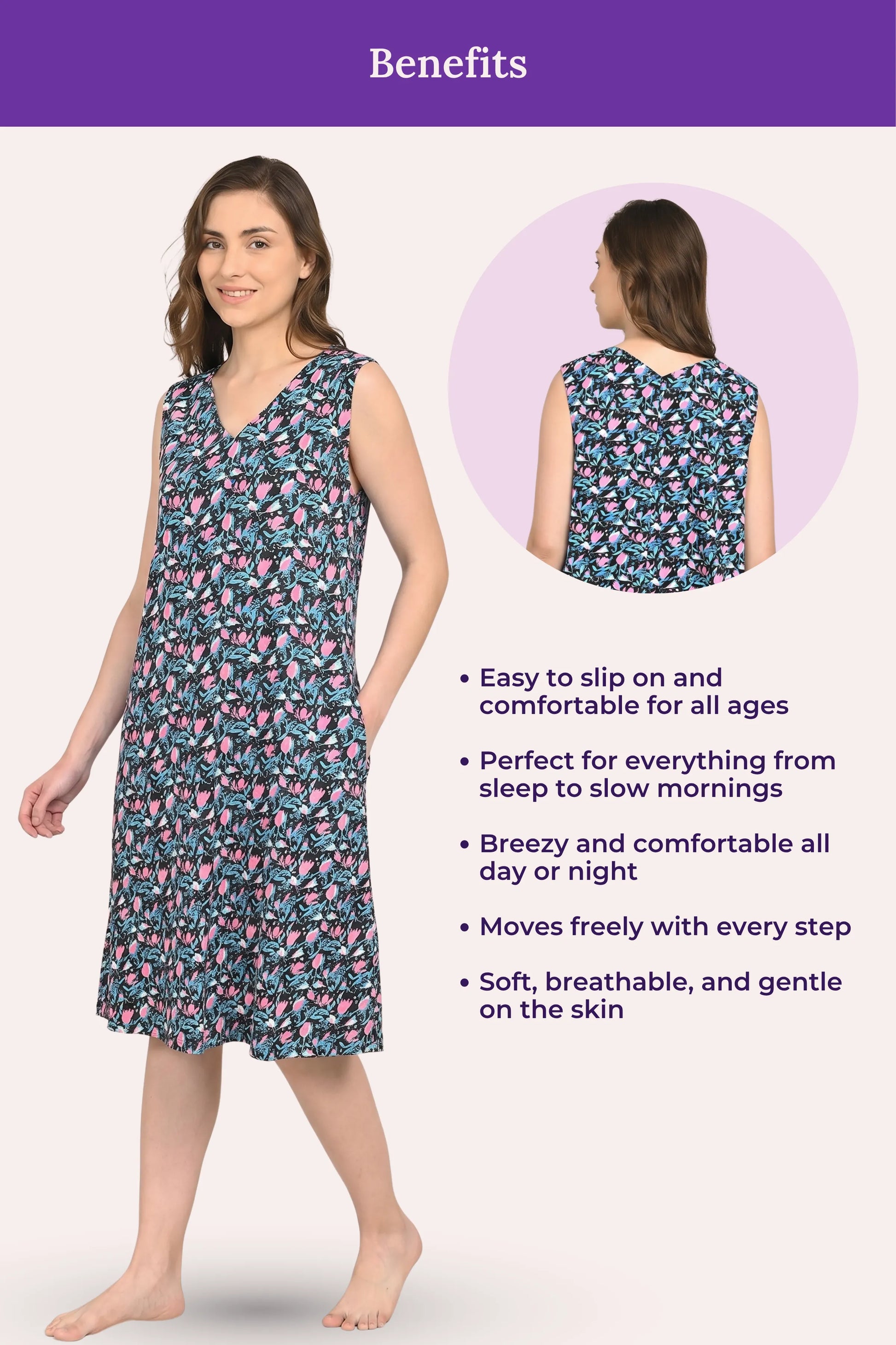 Woman wearing a black floral nightgown with text highlighting benefits.