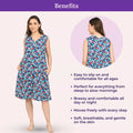 Woman wearing a  blue floral v neck  nightgown with benefits