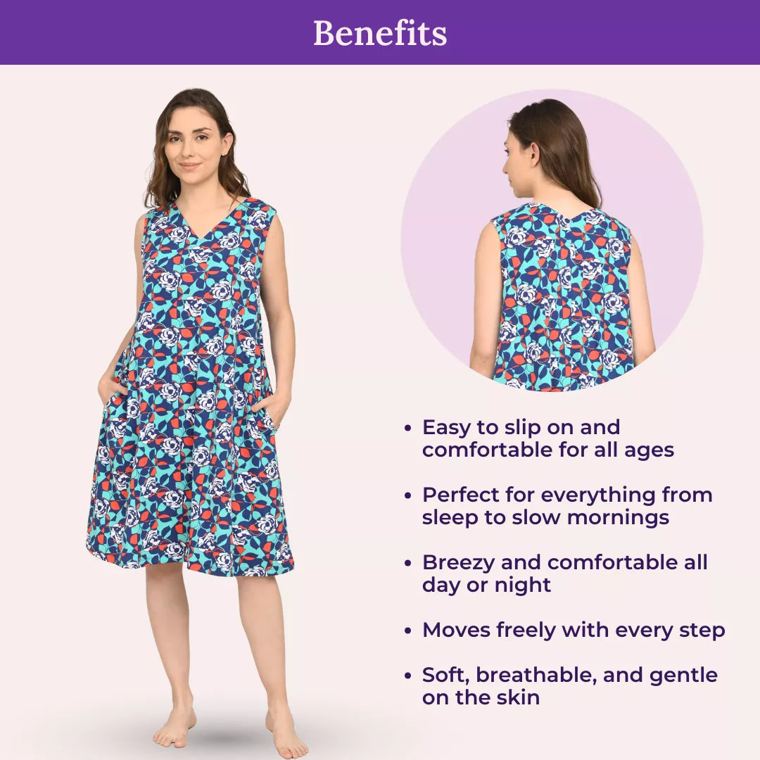 Woman wearing a  blue floral v neck  nightgown with benefits