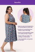 A woman modeling a sleeveless black floral nightgown dress, shown listing benefits