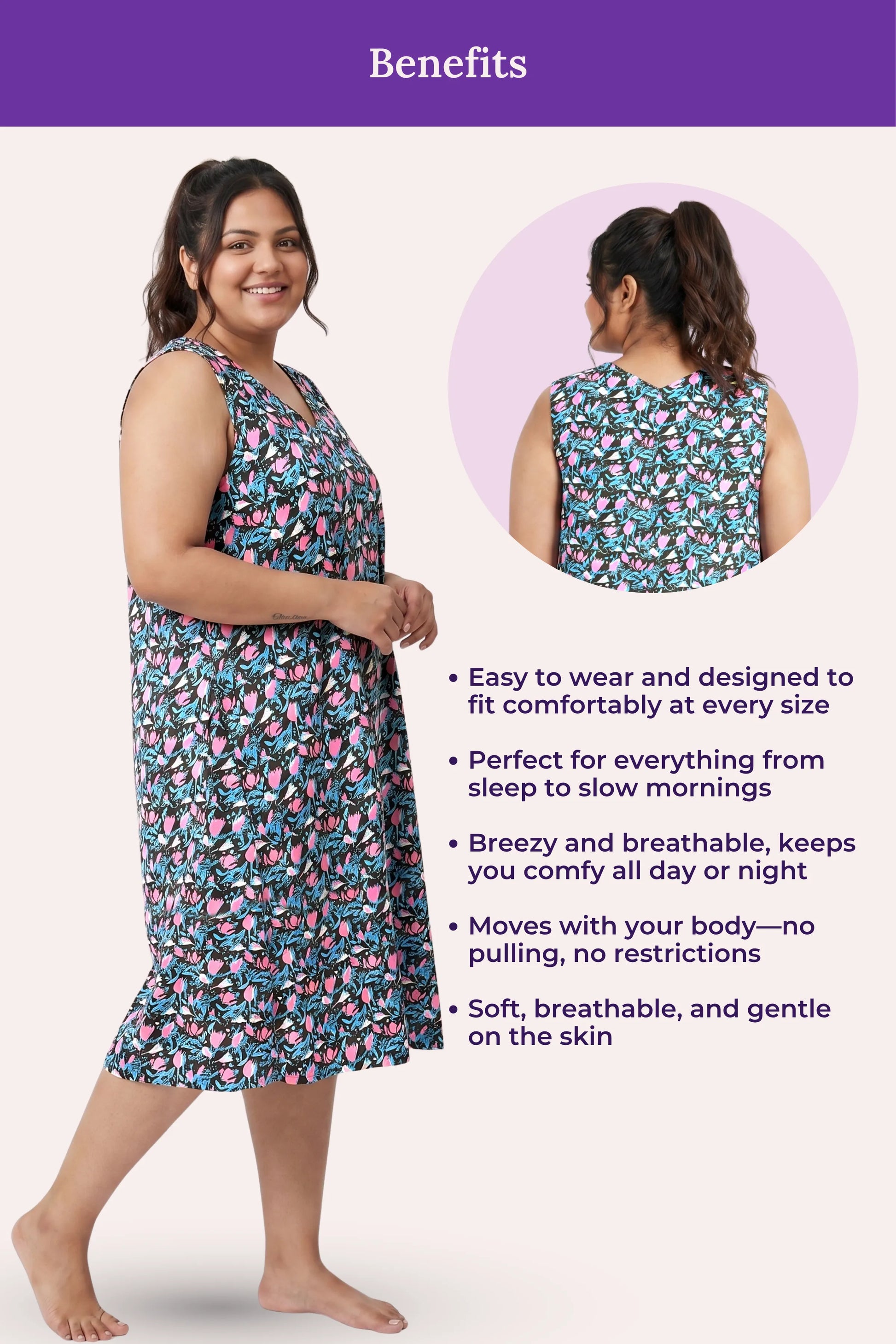 A woman modeling a sleeveless black floral nightgown dress, shown listing benefits