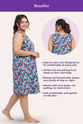 Woman wearing a blue floral dress with detailing its benefits.