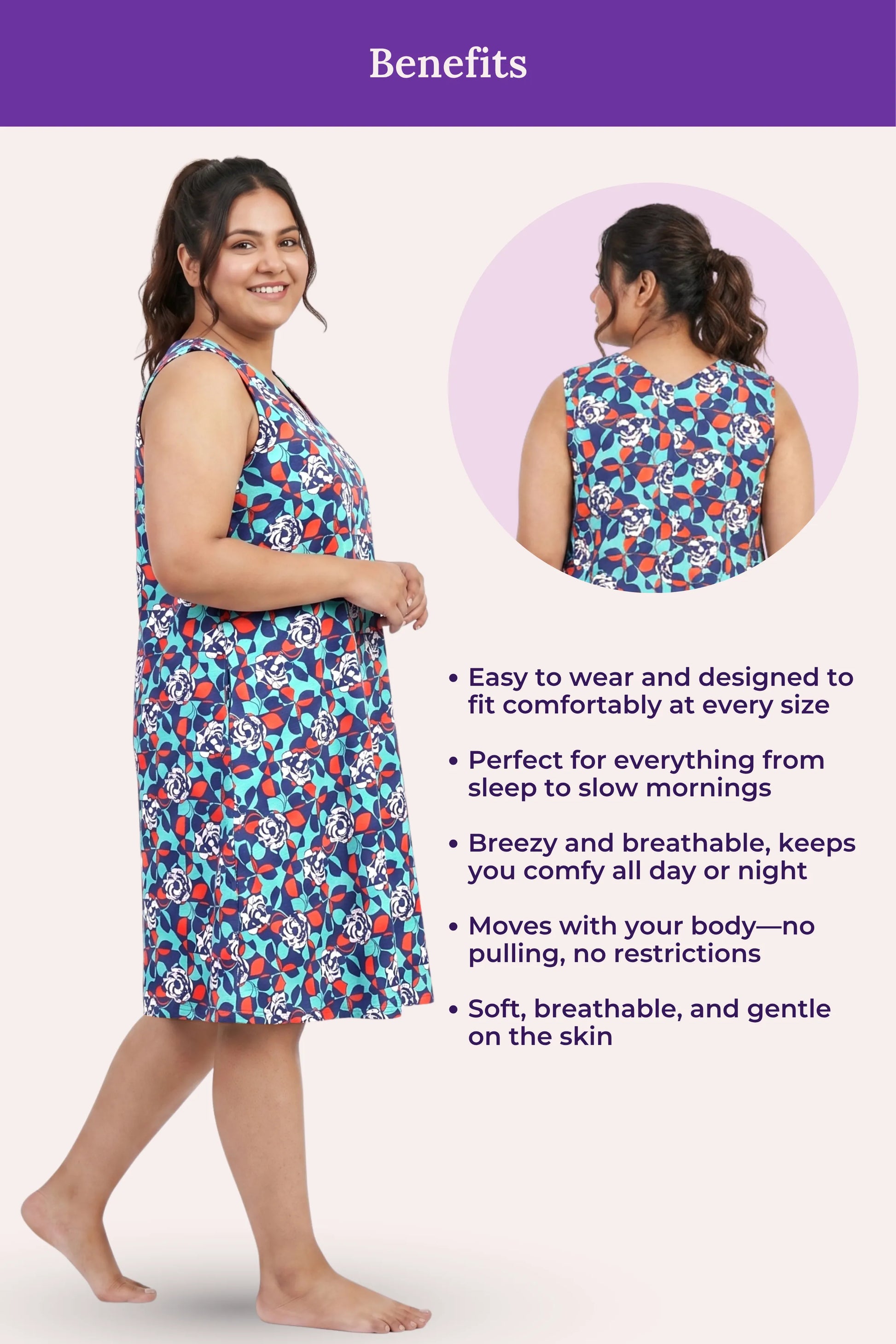 Woman wearing a blue floral dress with detailing its benefits.