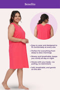 A woman modeling a sleeveless dark pink dress with lised benefits