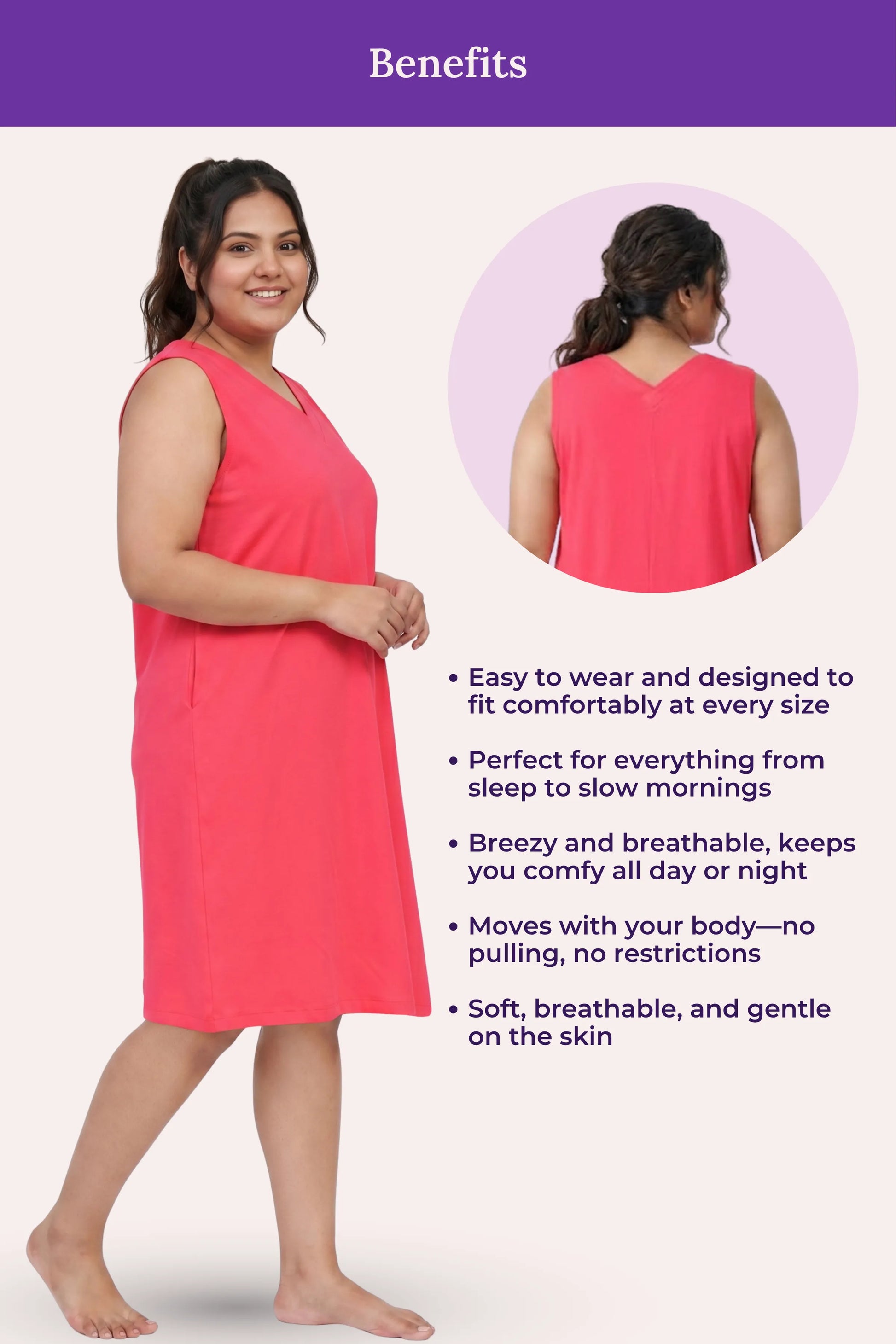 A woman modeling a sleeveless dark pink dress with lised benefits