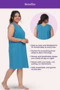 A woman modeling a sleeveless peacock blue nightgown, shown on a listed benefits.