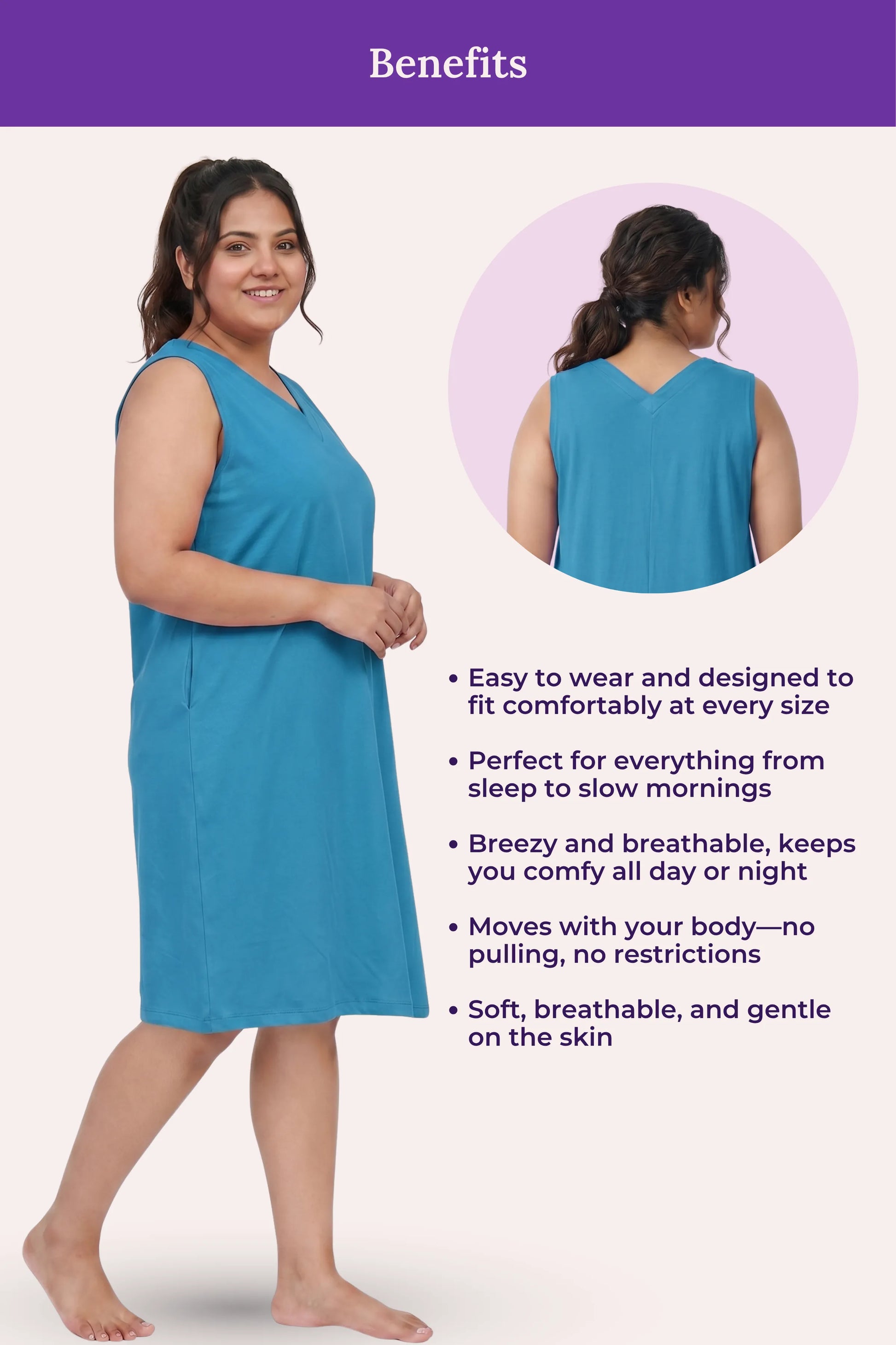 A woman modeling a sleeveless peacock blue nightgown, shown on a listed benefits.