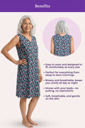 A elder woman model a sleeveless black floral nightgown with list benefits.
