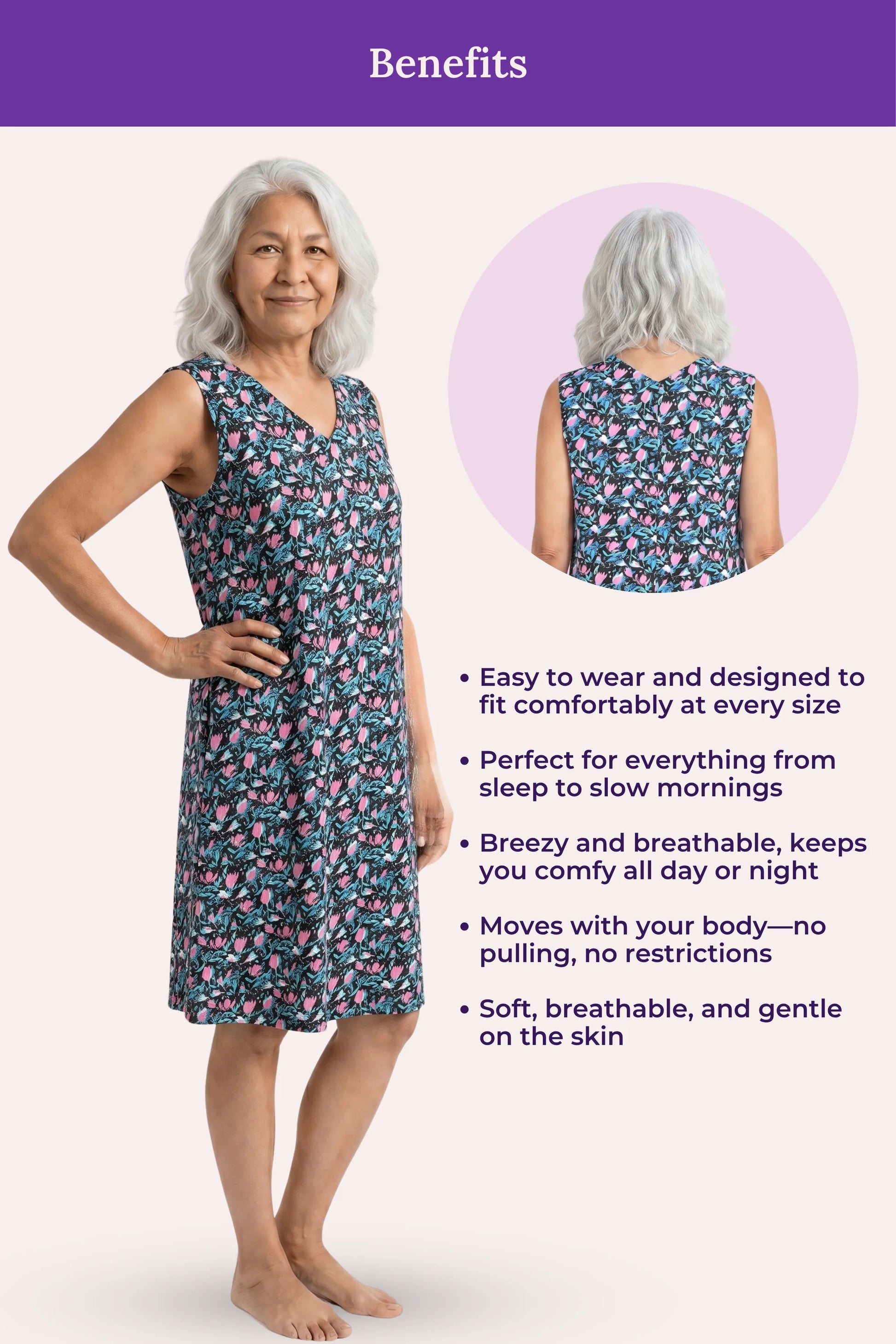 A elder woman model a sleeveless black floral nightgown with list benefits.