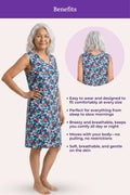 A woman model a sleeveless knee-length sleep dress with blue floral print, shown on listing benefits.