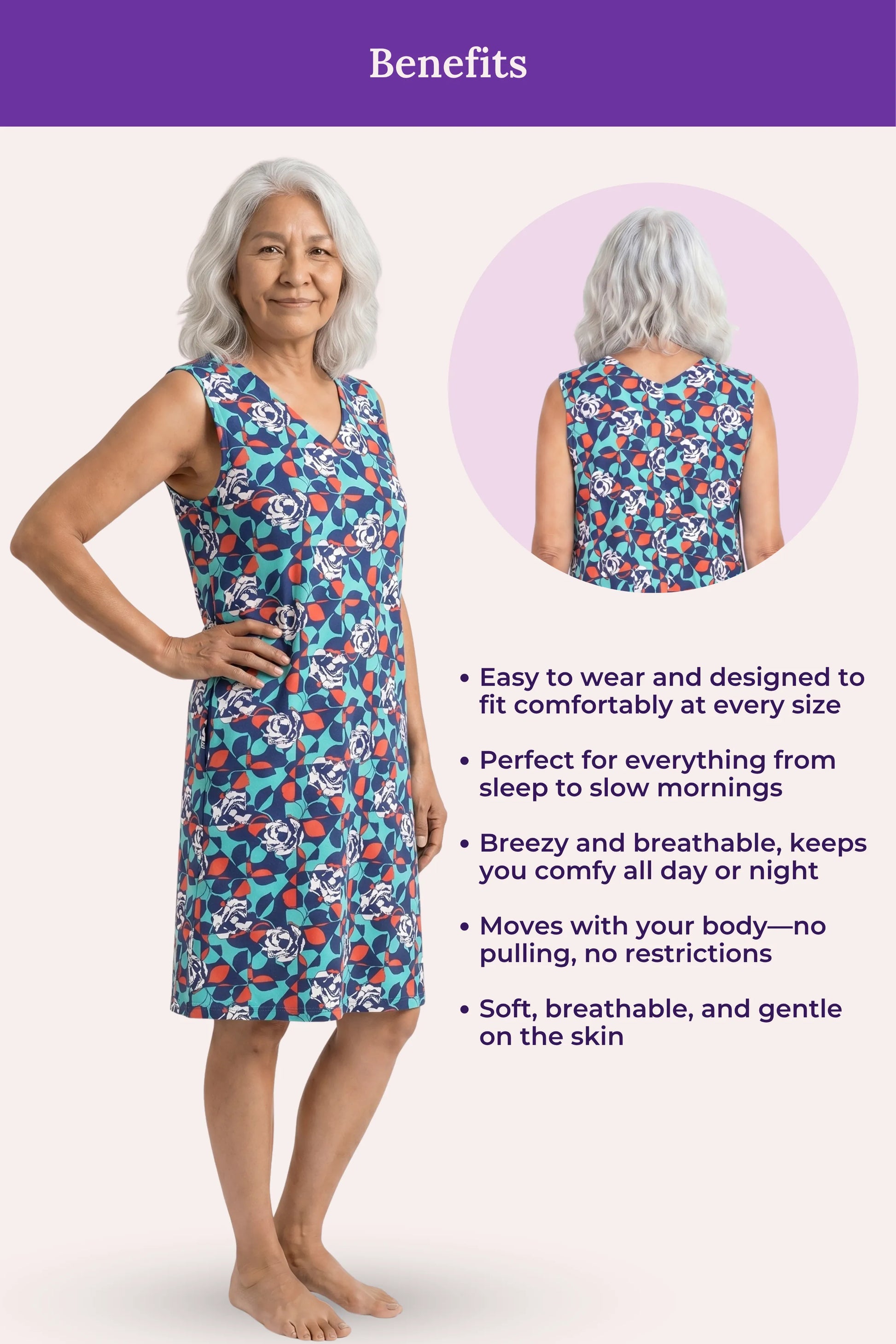 A woman model a sleeveless knee-length sleep dress with blue floral print, shown on listing benefits.