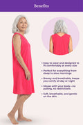 A woman modeling a sleeveless dark pink nightgown with listed benefits