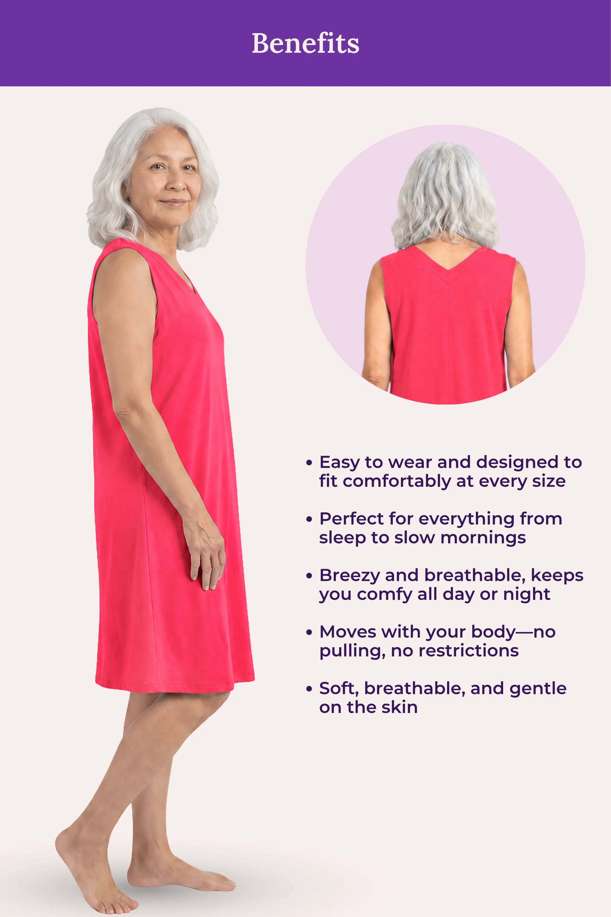 A woman modeling a sleeveless dark pink nightgown with listed benefits