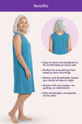 Woman wearing a peacock blue nightgown with listing benefits