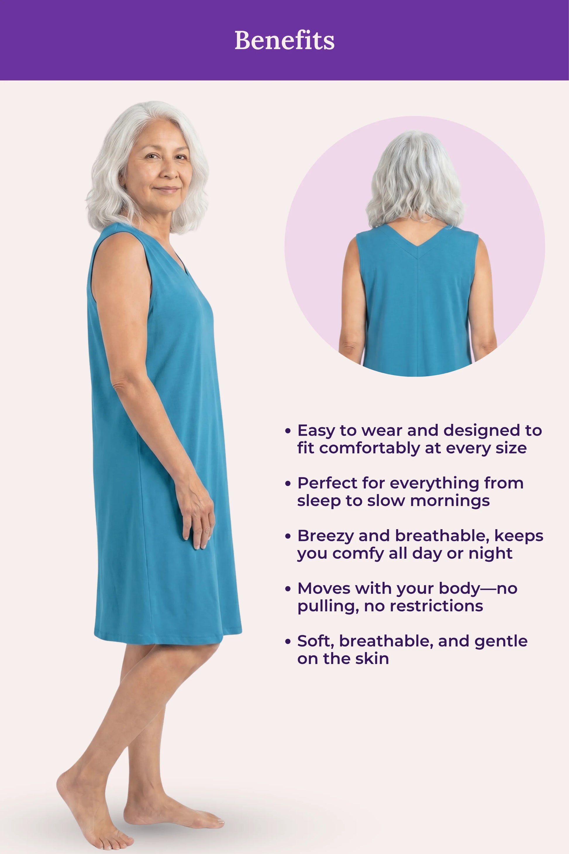 Woman wearing a peacock blue nightgown with listing benefits